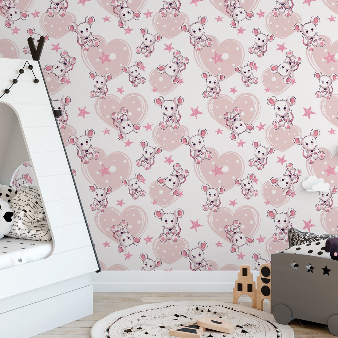 Tapeta - dziecięca, mysz, serca, gwiazdy