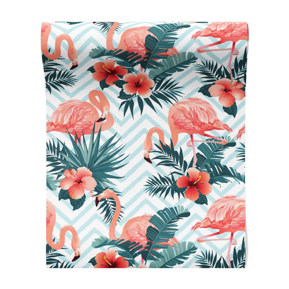 Tapeta - flamingo, kwiaty, liście