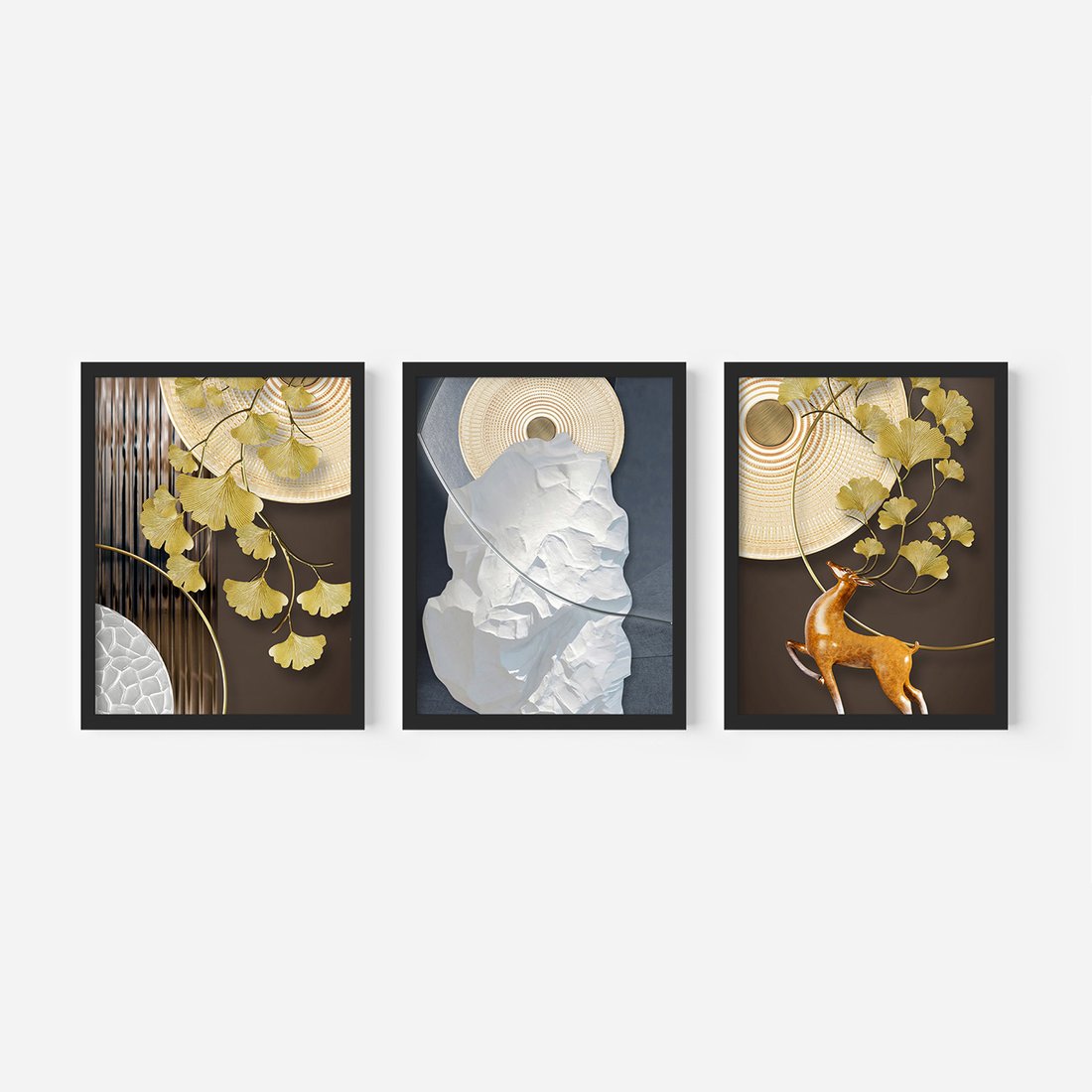 Zestaw obrazy w ramie, plakaty - złoty, liście, abstrakcja - rama czarna