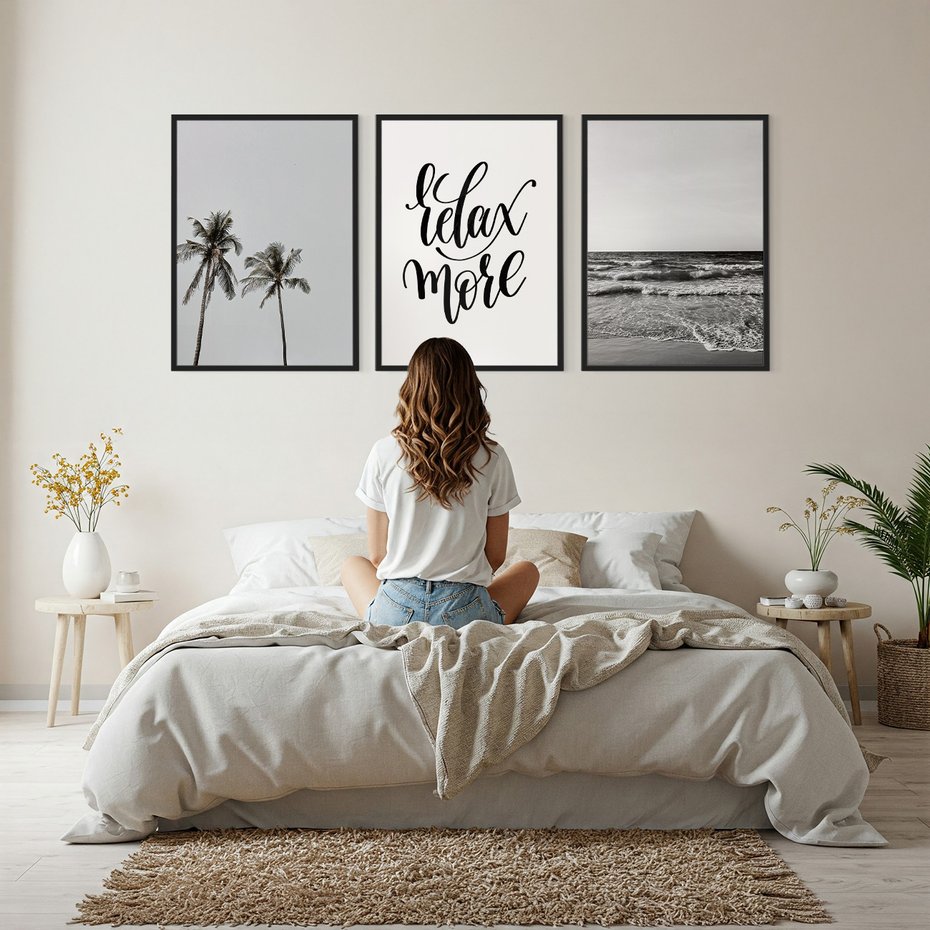 Zestaw obrazy w ramie, plakaty - palmy, morze, relax - rama czarna