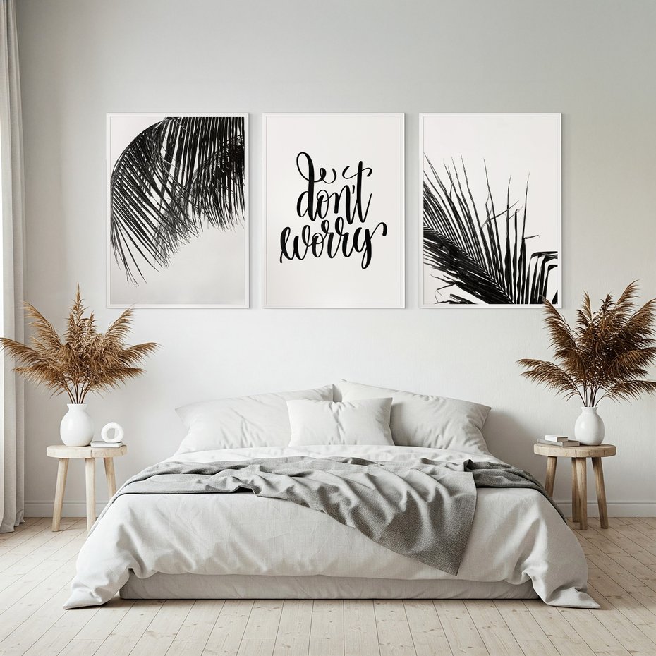 Zestaw obrazy w ramie, plakaty - liście,roślina,czarny - rama biała