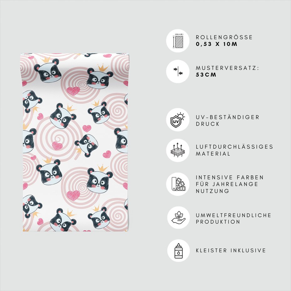 Tapeta - dziecięca, panda, korona, serce
