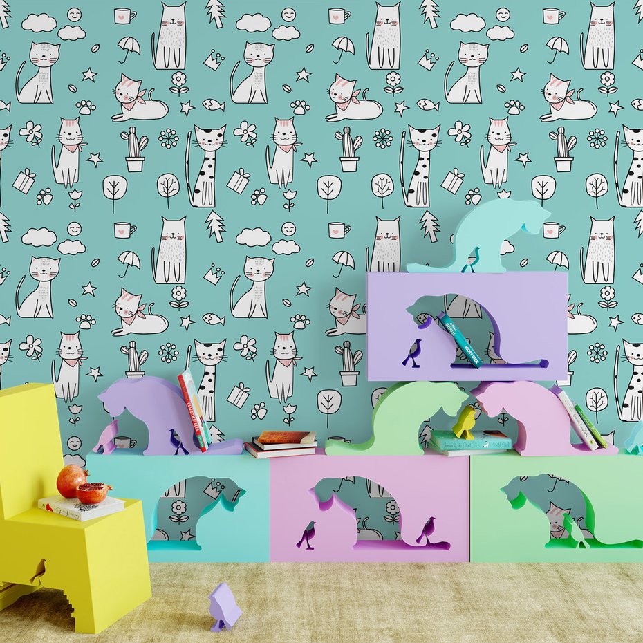 Tapeta - dziecięca, koty, wzór, tło