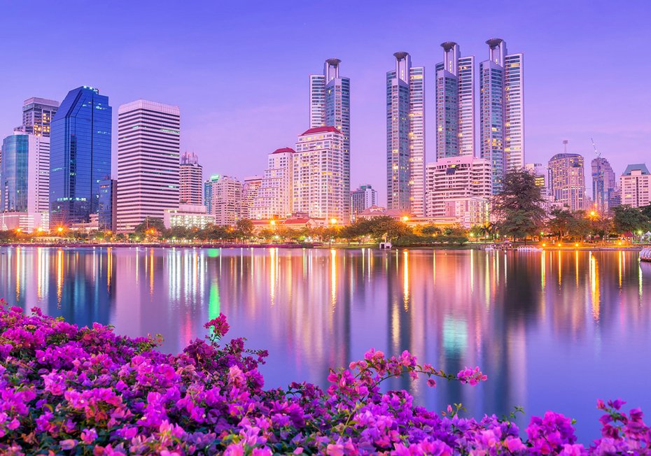 Fototapeta - miasto, kwiaty, woda