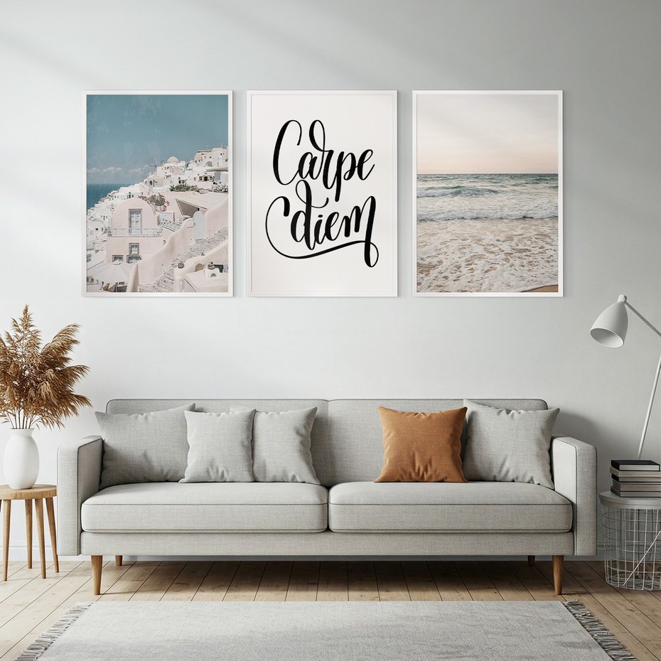 Zestaw obrazy w ramie, plakaty - architektura, morze, plaża - rama biała