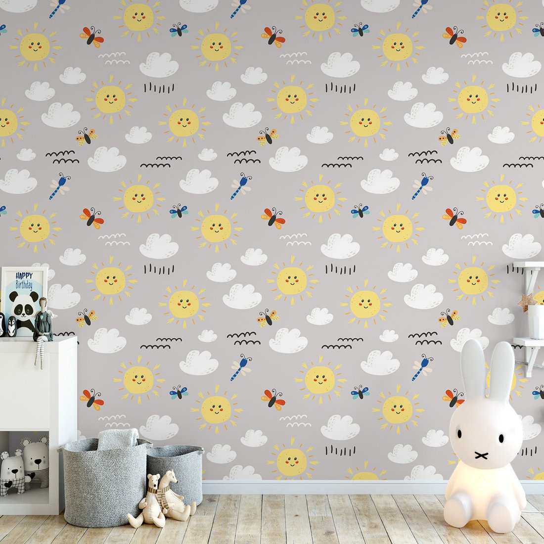 Tapeta - dziecięca, słońce, chmury, motyl