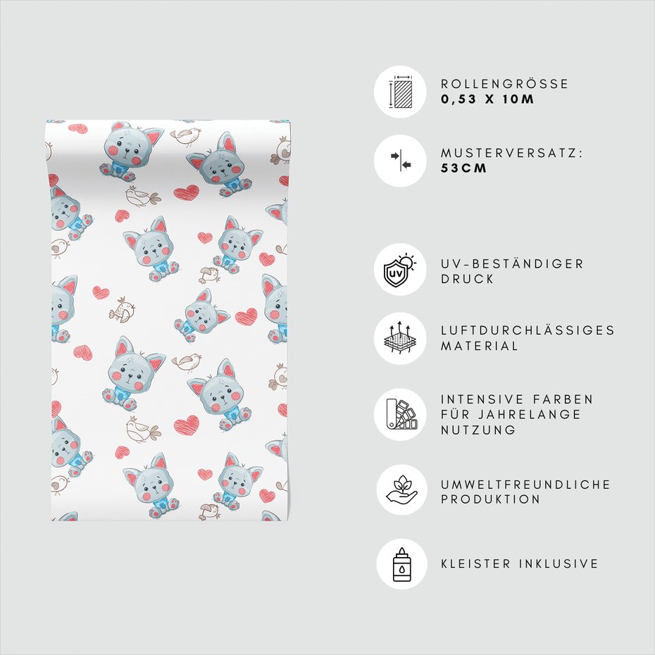 Tapeta - dziecięca, kotek, serca, ptaki