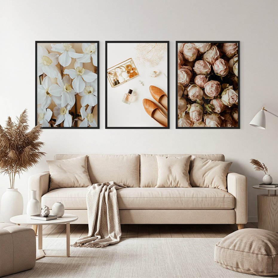 Zestaw obrazy w ramie, plakaty - kwiaty,róże,perfumy - rama czarna