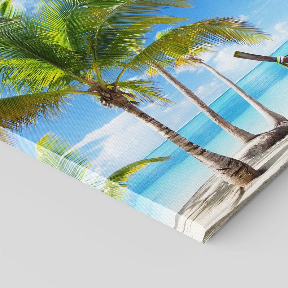 Obraz na płótnie - plaża, palmy, łódź