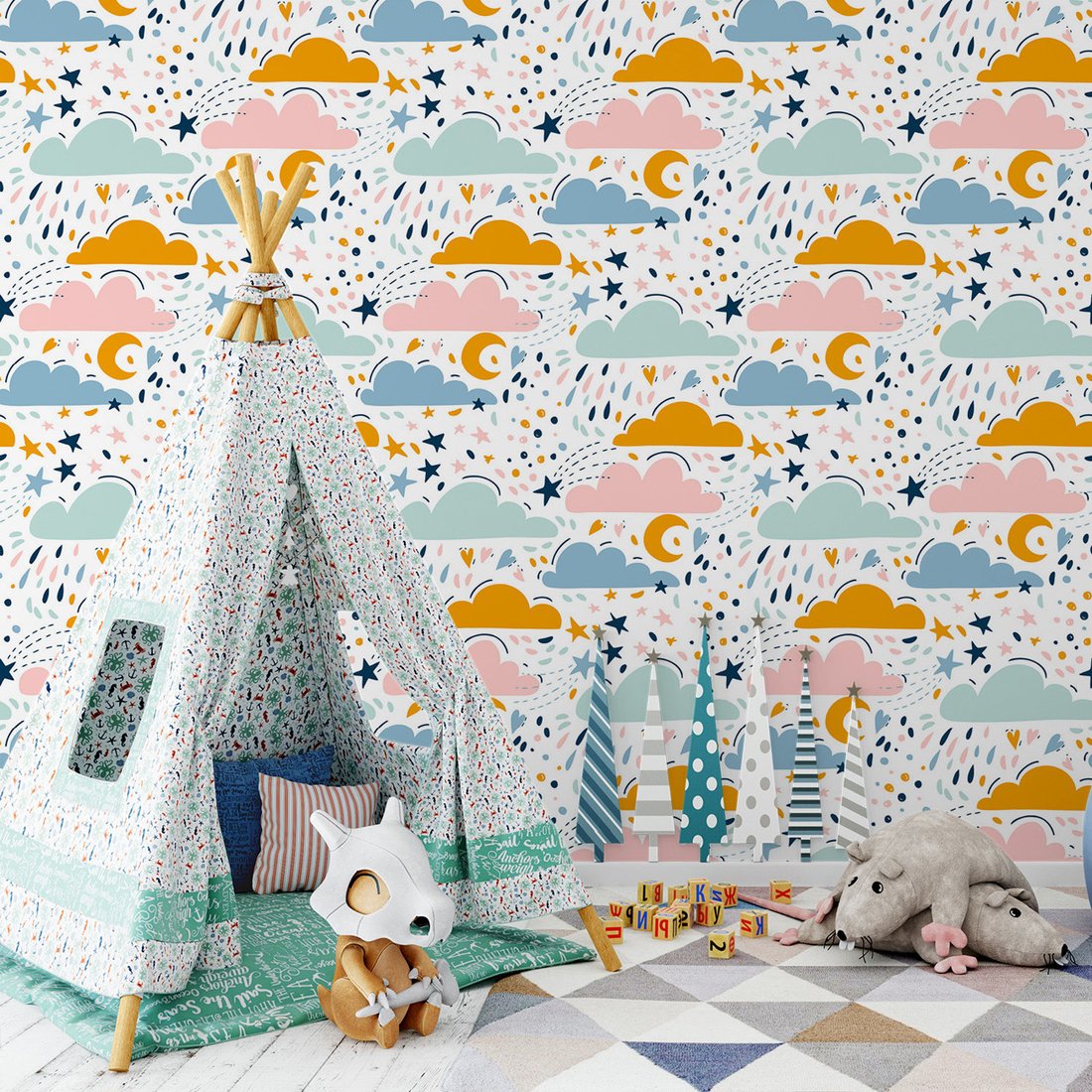 Tapeta - dziecięca, chmury, gwiazdy, księżyc