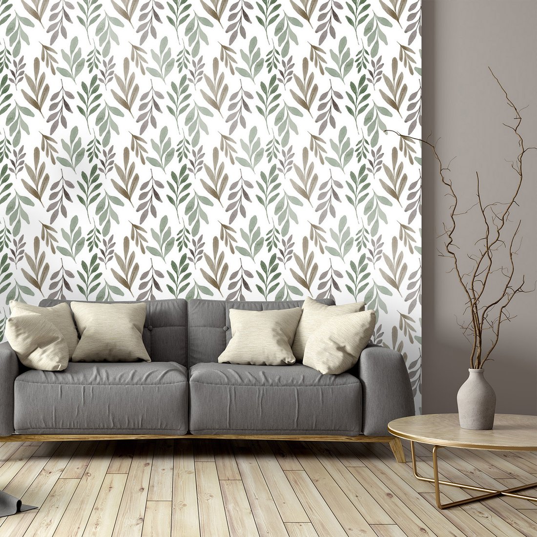 Tapeta - liście, gałązki, akwarela