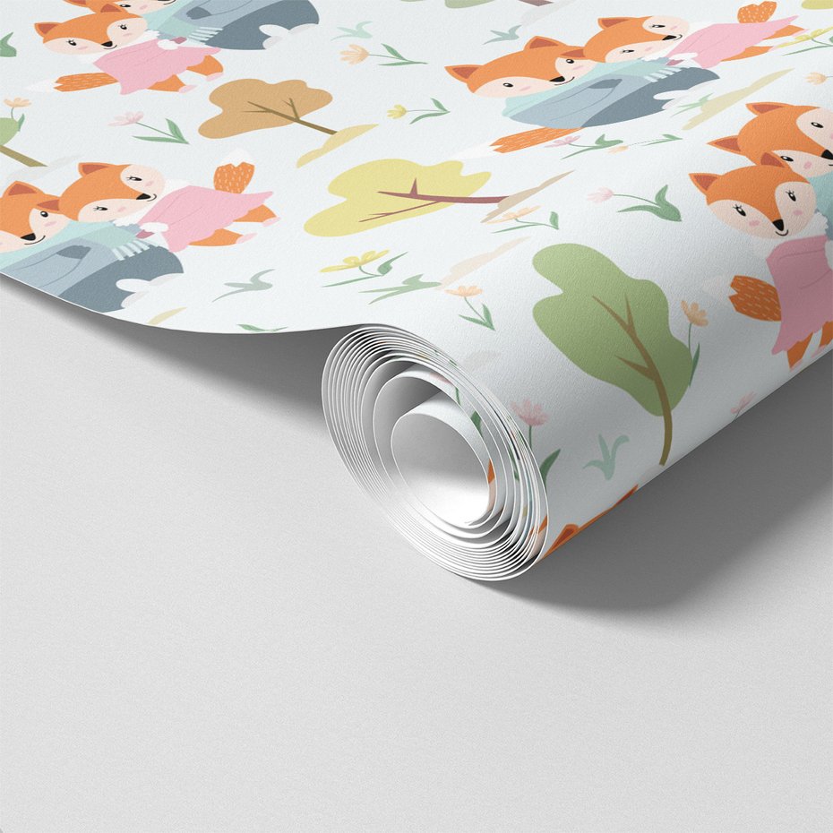 Tapeta - dziecięca, lisy, drzewa, kwiaty