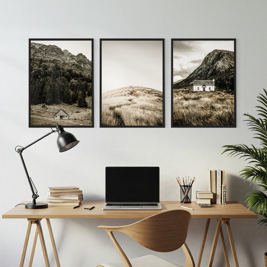 Zestaw obrazy w ramie, plakaty - góry, domy, krajobraz - rama czarna