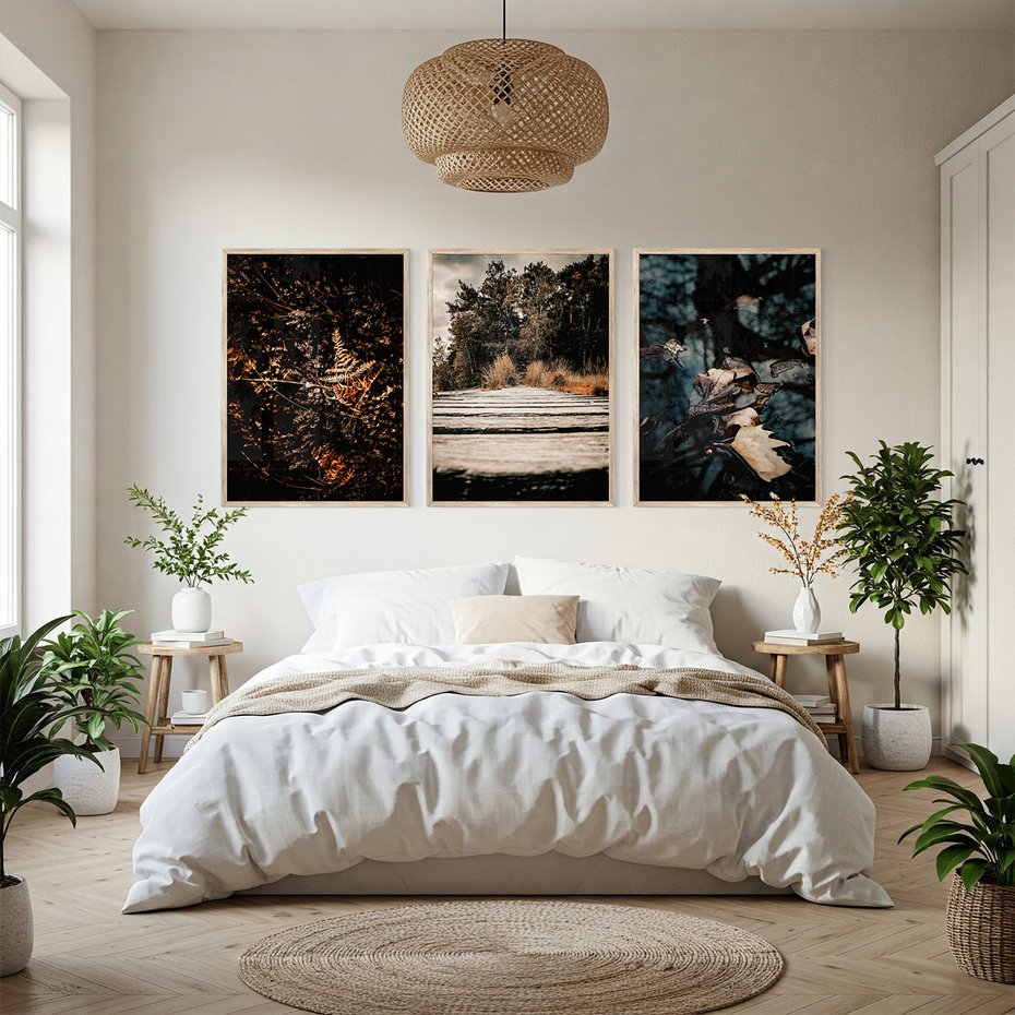 Zestaw obrazy w ramie, plakaty - natura, liście, drzewa - rama drewno