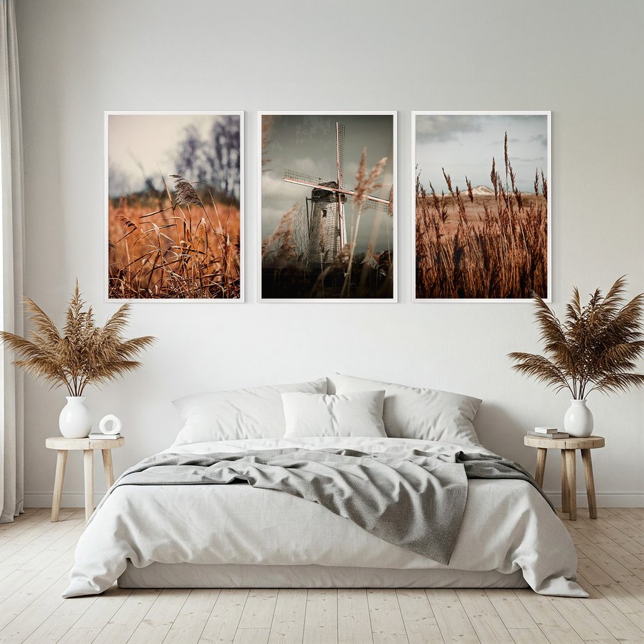 Zestaw obrazy w ramie, plakaty - krajobraz, wiatrak, natura - rama biała