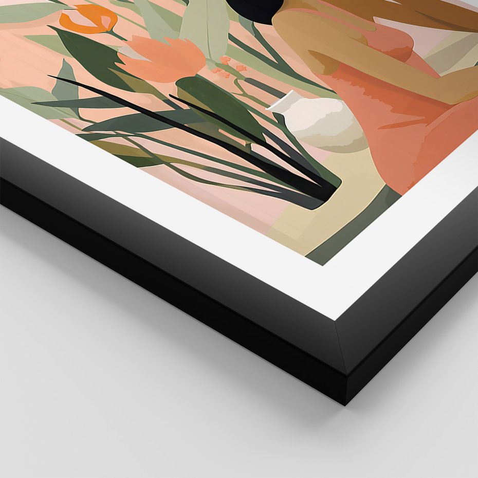 Zestaw obrazy w ramie, plakaty - kobieta, kwiaty, liście - rama czarna