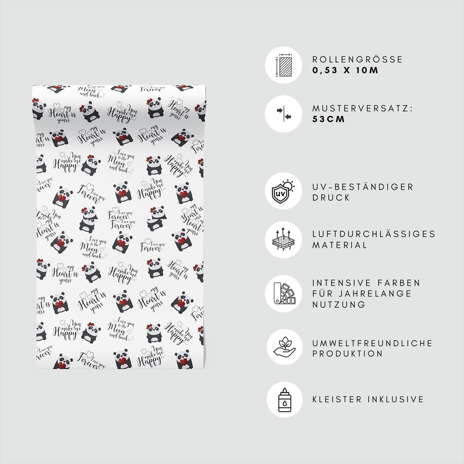 Tapeta - dziecięca, panda, serce, napisy