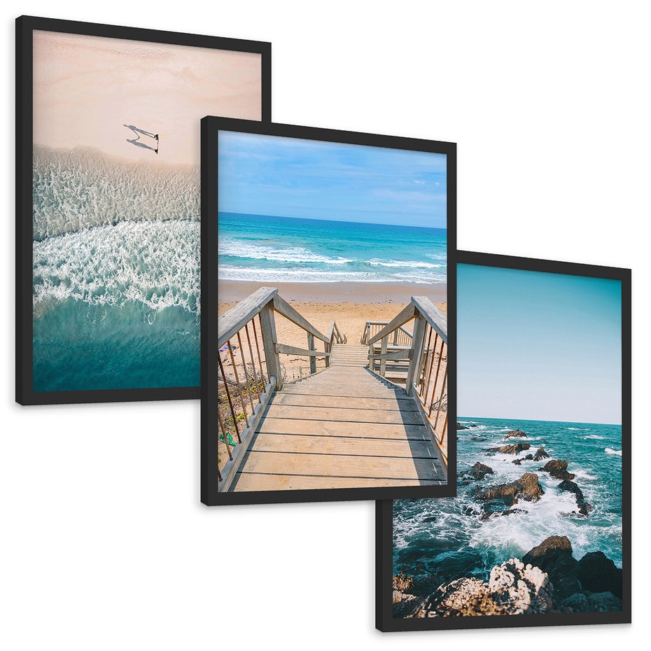 Zestaw obrazy w ramie, plakaty - plaża, morze, woda - rama czarna