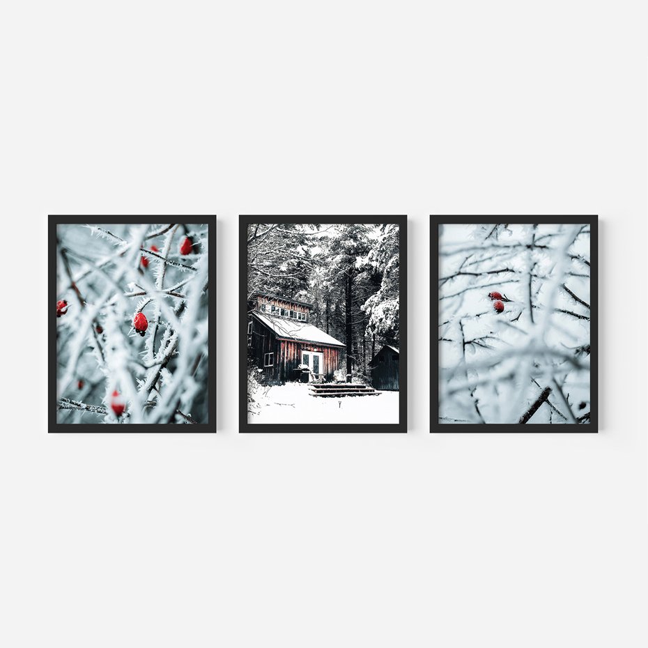 Zestaw obrazy w ramie, plakaty - zima, śnieg, mróz - rama czarna