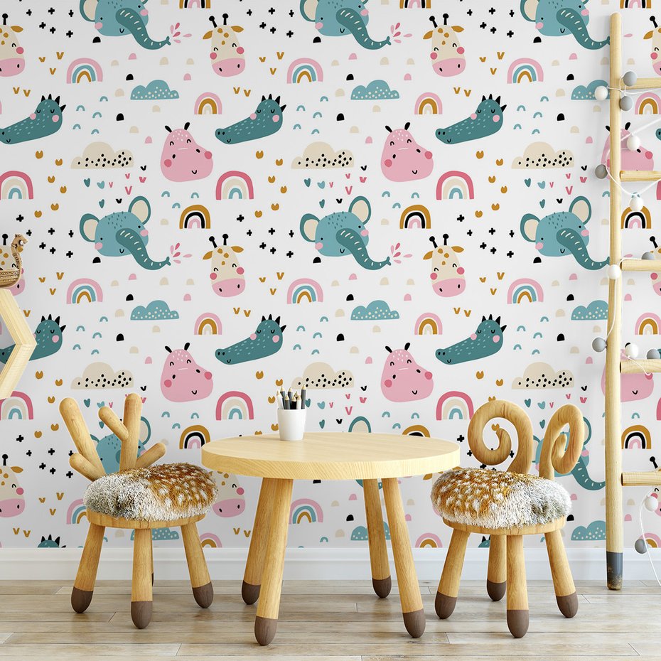 Tapeta - dziecięca, słoń, chmury, tęcza