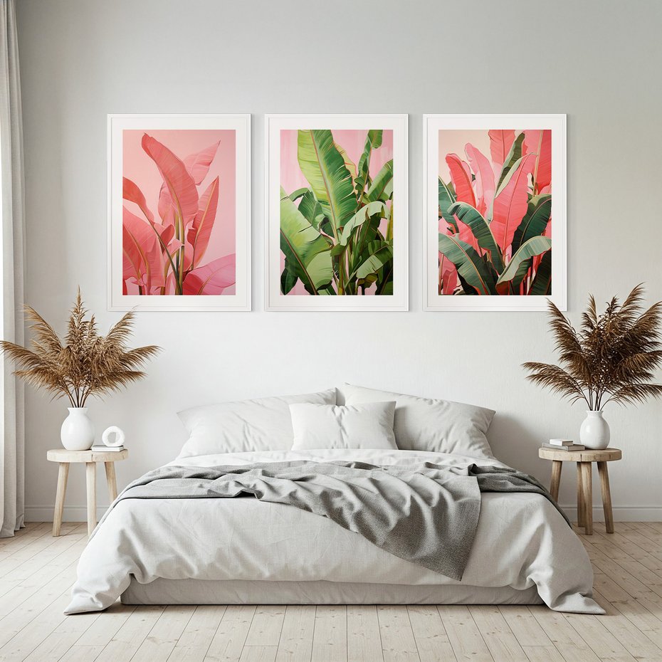 Zestaw obrazy w ramie, plakaty - liście, pastelowy, tropikalny - rama biała