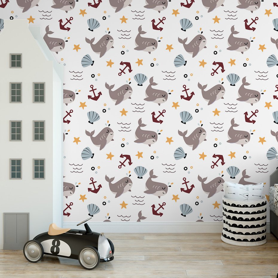 Tapeta - dziecięca, wieloryb, kotwica, muszla