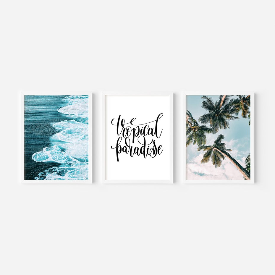 Zestaw obrazy w ramie, plakaty - tropikalny, morze, palmy - rama biała