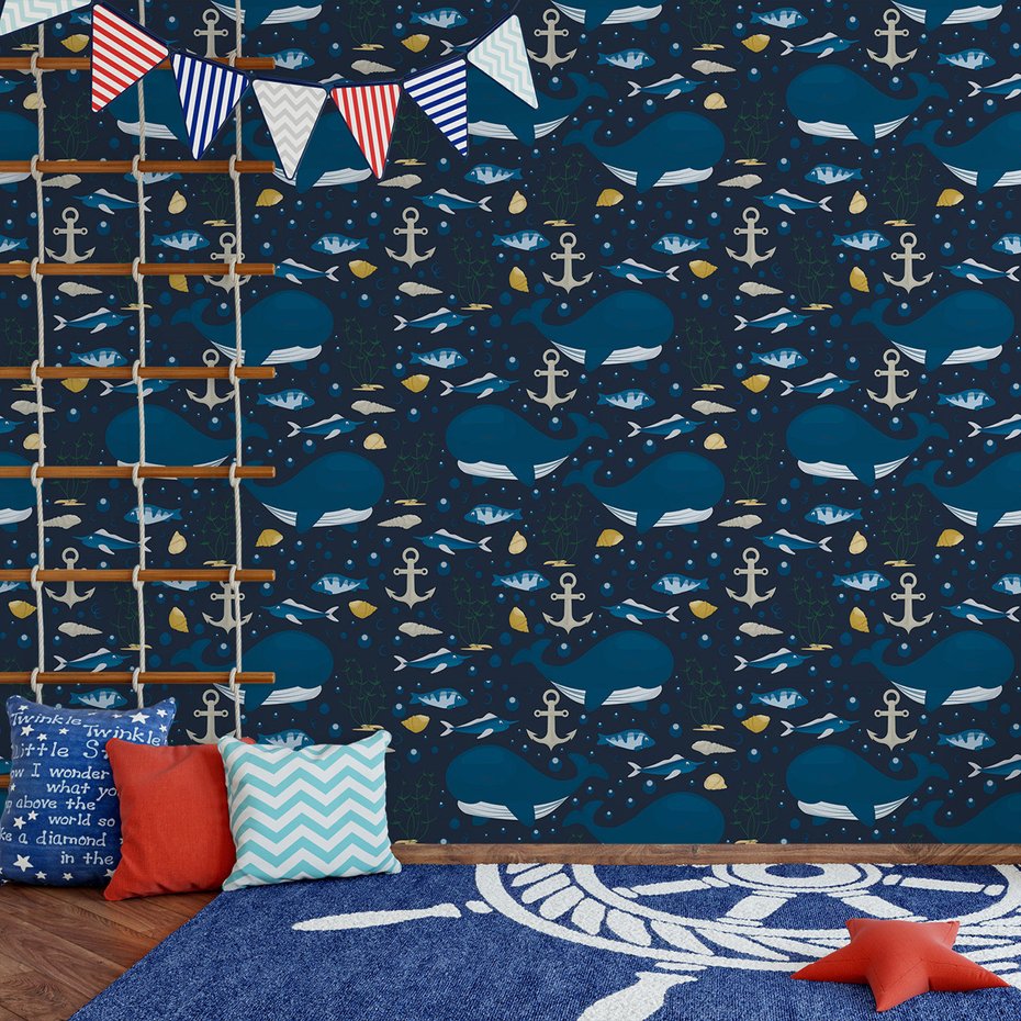 Tapeta - dziecięca, wieloryby, ryby, kotwice