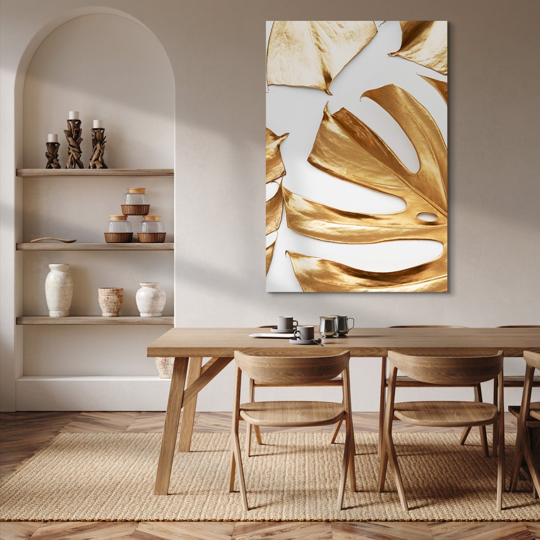 Obraz na płótnie - złoto, liście, monstera