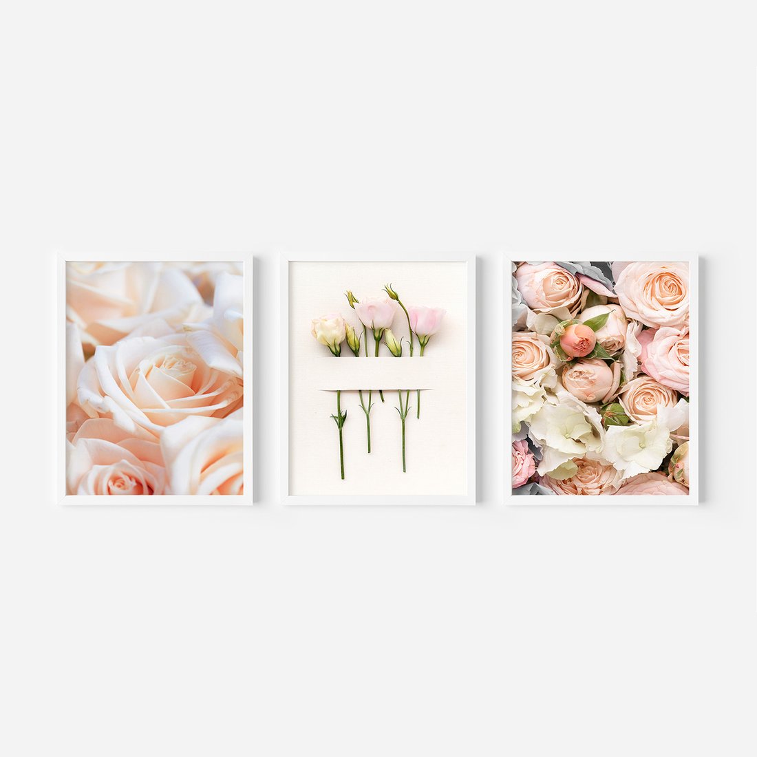 Zestaw obrazy w ramie, plakaty - kwiaty, róże, pastelowe - rama biała