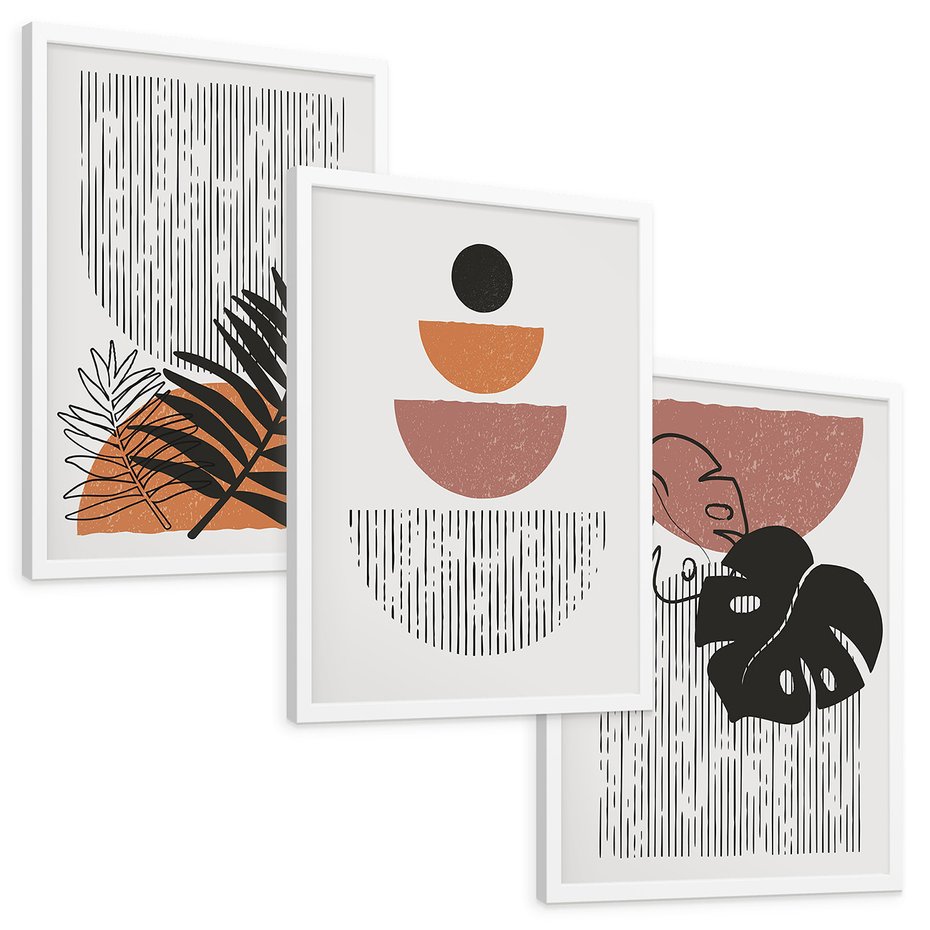 Zestaw obrazy w ramie, plakaty - abstrakcja, liście, minimalizm - rama biała