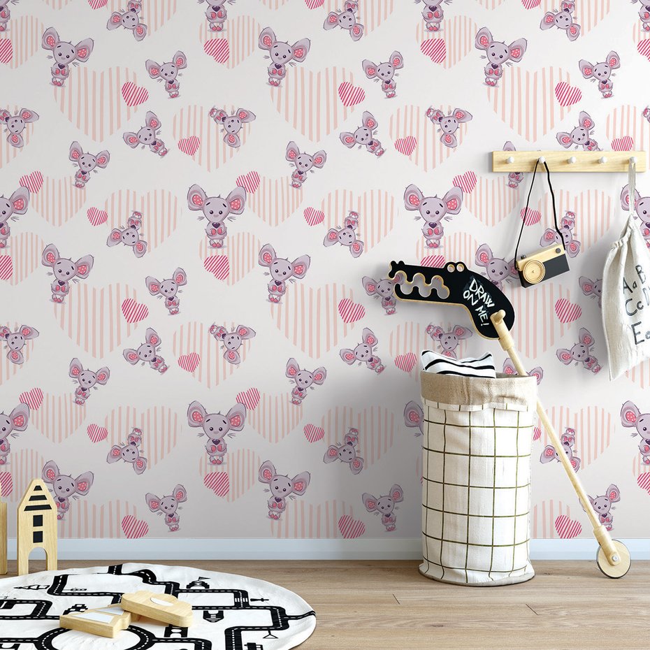 Tapeta - dziecięca, myszka, serca, tło