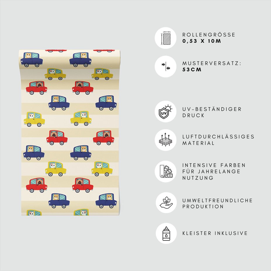 Tapeta - dziecięca, samochody, koty, tło