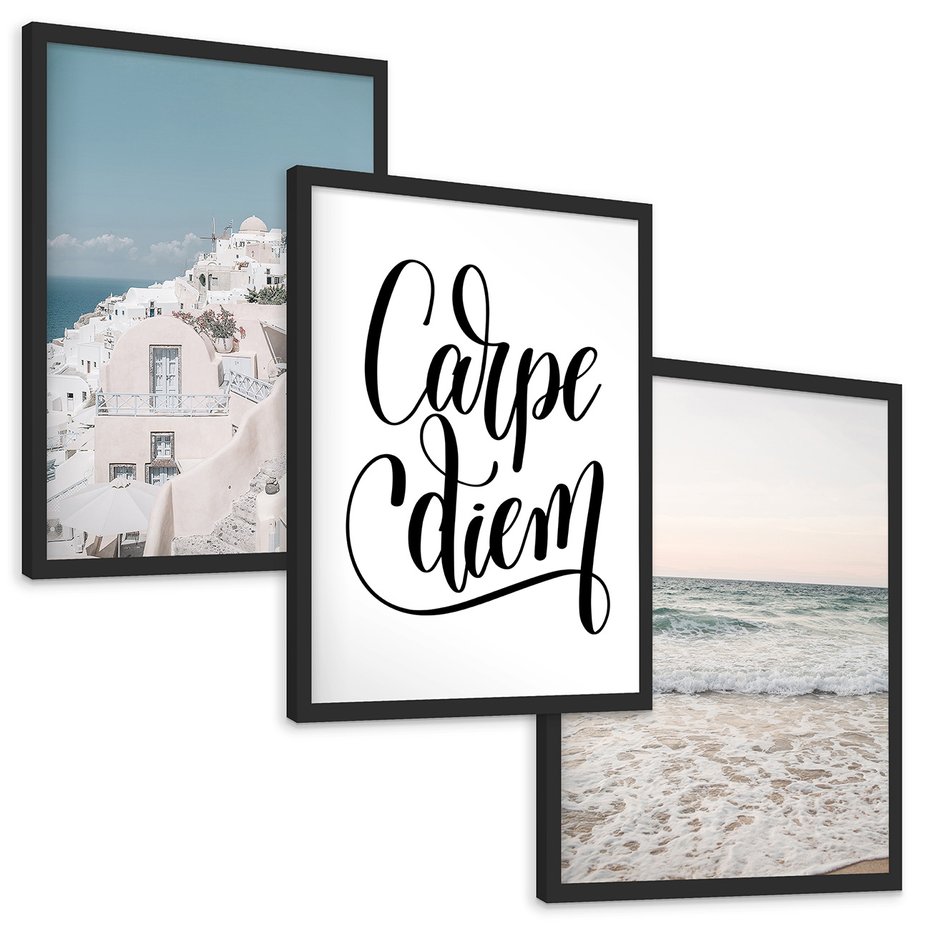 Zestaw obrazy w ramie, plakaty - architektura, morze, plaża - rama czarna