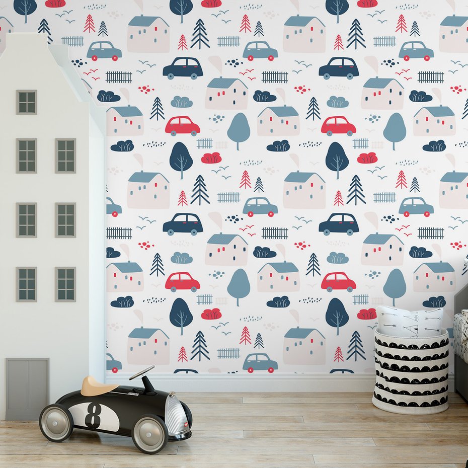 Tapeta - dziecięca, dom, samochód, drzewo