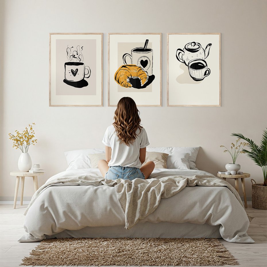 Zestaw obrazy w ramie, plakaty - kawa, filiżanka, croissant - rama drewno