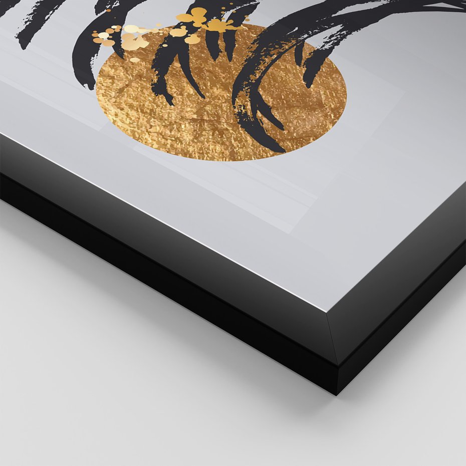 Zestaw obrazy w ramie, plakaty - liście, abstrakcja, złoto - rama czarna