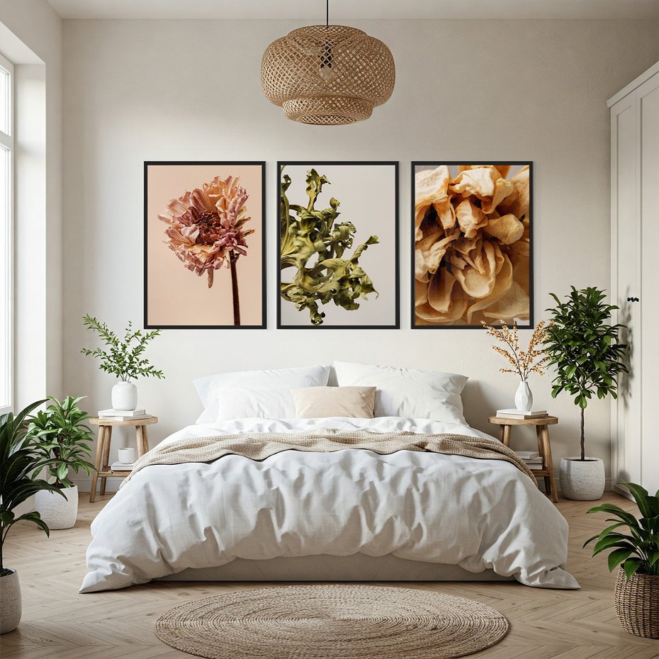 Zestaw obrazy w ramie, plakaty - kwiaty, suche, więdnięcie - rama czarna