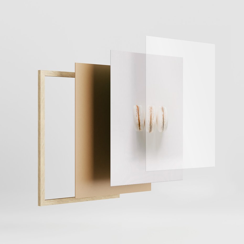 Zestaw obrazy w ramie, plakaty - makaroniki, kawa, napisy - rama drewno