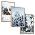 Zestaw obrazy w ramie, plakaty - zima, śnieg, drzewa - rama drewno