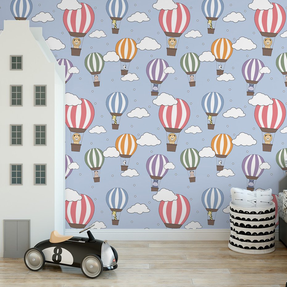 Tapeta - dziecięca, balony, zwierzęta, chmury