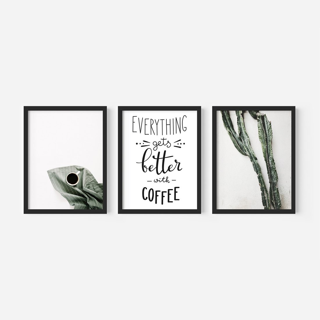 Zestaw obrazy w ramie, plakaty - kawa, kaktus, napisy - rama czarna