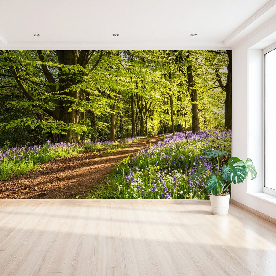 Fototapeta - las, kwiaty, ścieżka