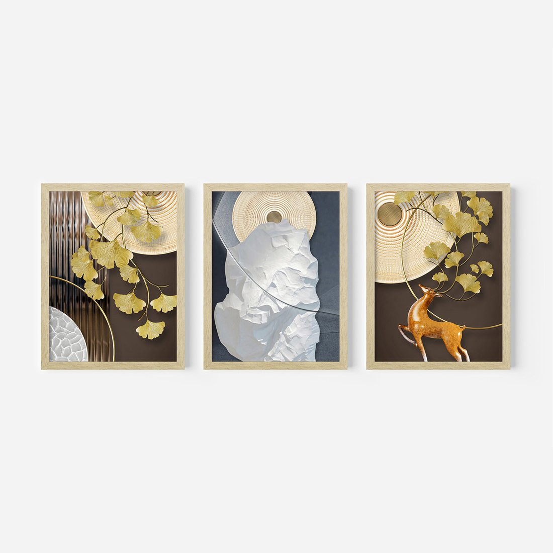 Zestaw obrazy w ramie, plakaty - złoty, liście, abstrakcja - rama drewno