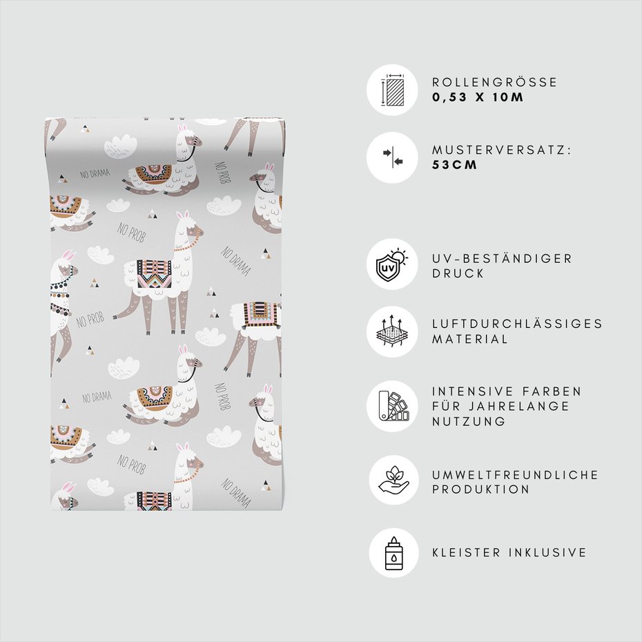 Tapeta - dziecięca, lama, chmury, napisy