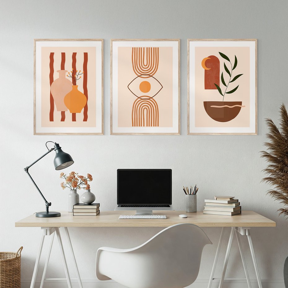 Zestaw obrazy w ramie, plakaty - abstrakcja, boho, minimalizm - rama drewno