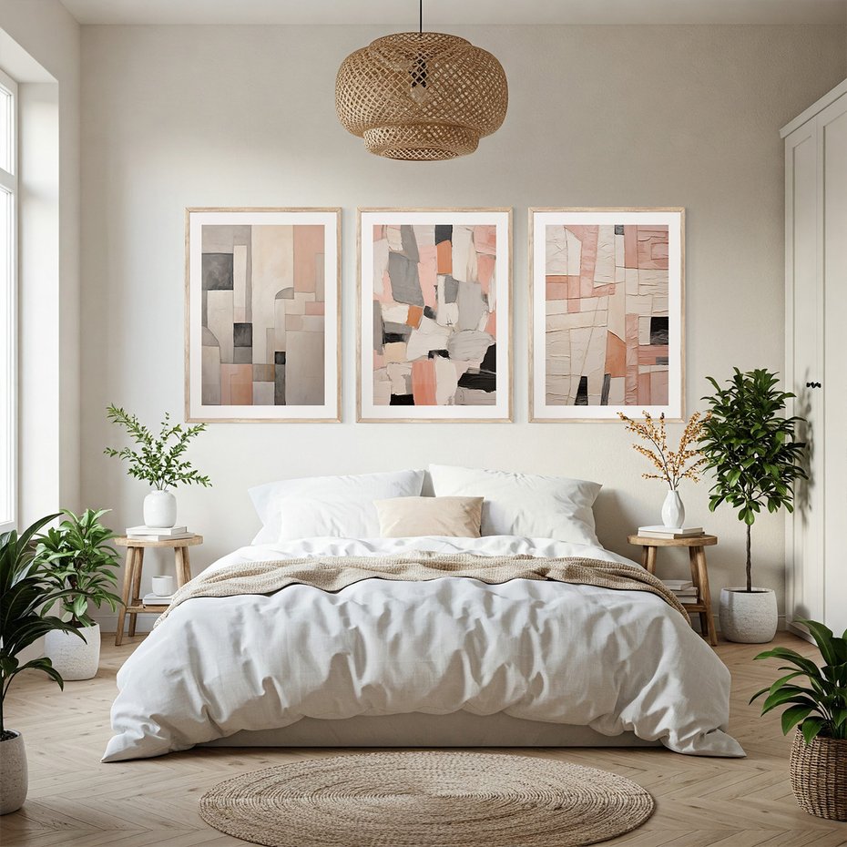 Zestaw obrazy w ramie, plakaty - abstrakcja, pastelowe, geometryczne - rama drewno