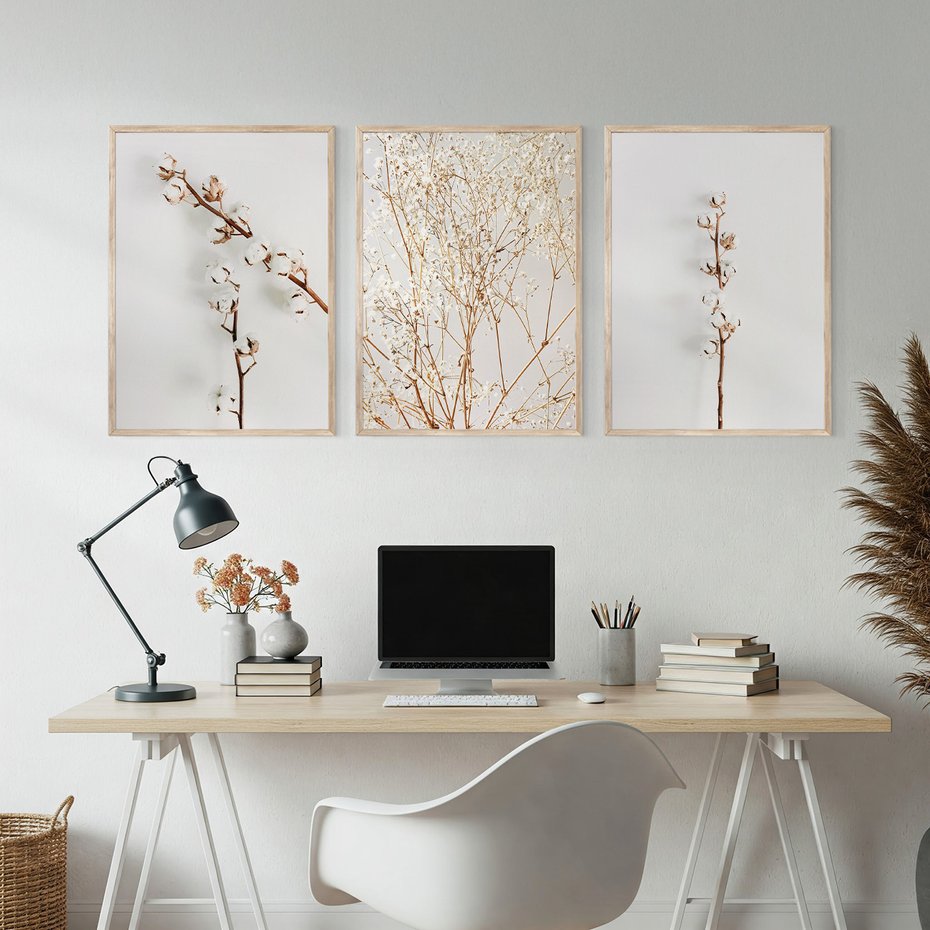 Zestaw obrazy w ramie, plakaty - bawełna, gałązki, delikatny - rama drewno