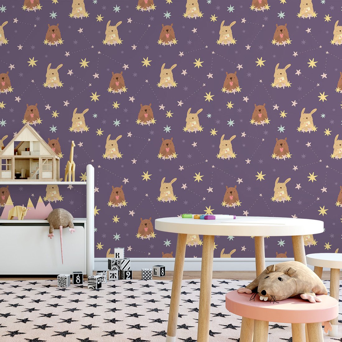 Tapeta - dziecięca, królik, gwiazdy, misie