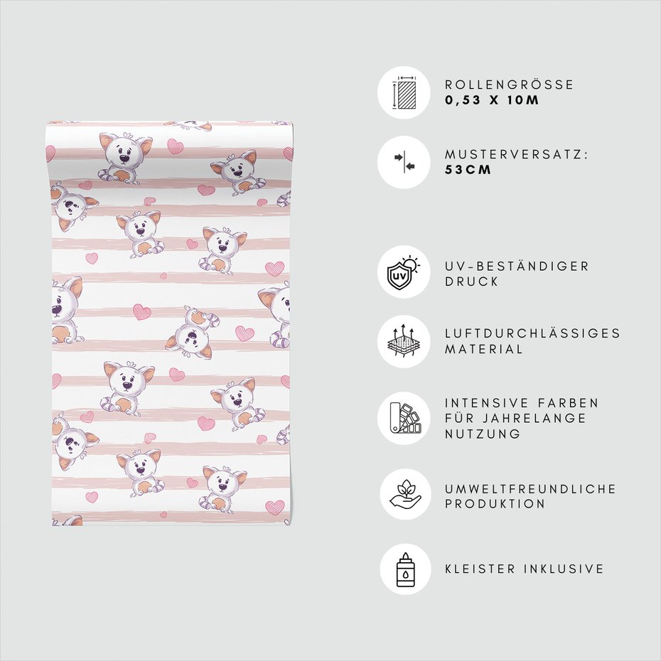 Tapeta - dziecięca, misie, serca, paski